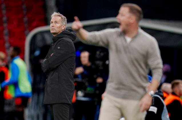 Champions League: FC Copenhagen - Bayer 04 Leverkusen Bayer Leverkusen s head coach Kasper Hjulmand and FCK s head coach Jacob Neestrup during the UEFA Champions League match between FC Copenhagen and Bayer 04 Leverkusen at Parken in Copenhagen on Thursday, September 18, 2025.. (Photo: Liselotte Sabroe Ritzau Scanpix) , Copenhagen Denmark Copyright: Ritzau Scanpix LiselottexSabroex spdk20250918-213116-L