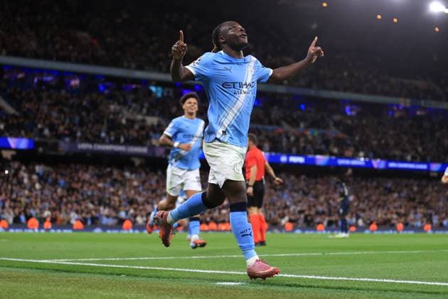 Football - UEFA Champions League - League Phase - Manchester City v SSC Napoli 18th September 2025 - UEFA Champions League - League Phase - Manchester City v SSC Napoli - Jeremy Doku of Manchester City celebrates scoring their 2nd goal - Photo: Simon Stacpoole Offside. Manchester UK Copyright: xSimonxStacpoolexOffside