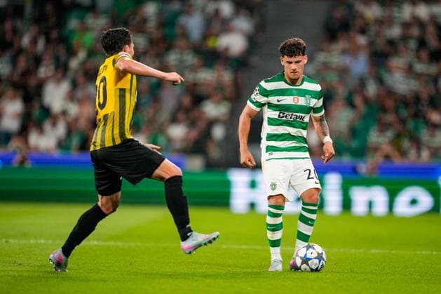 UEFA CHAMPIONS LEAGUE SPORTING CP VS KAIRAT ALMATY Lisboa, Portugal - 18 09 2025: UEFA Champions League match between Sporting CP and Kairat Almaty at Estadio JosÃ Alvalade 20 Sporting defender, Maximiliano Araujo plays the ball forward on the left side Mandatory Credit: Pedro Loureiro Avant Sports Agency Lisboa Estadio JosÃ Alvalade Portugal Copyright: xx