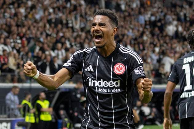 UEFA Champions League: Eintracht Frankfurt - Galatasaray, 18.09.2025 Ansgar Knauff (Eintracht Frankfurt 7) erzielte das Tor den Treffer zum 5:1 und feiert jubelt,Eintracht Frankfurt - Galatasaray, Frankfurt, Deutsche Bank Park, 18.9.2025 Copyright: xBEAUTIFULxSPORTS Gawlikx