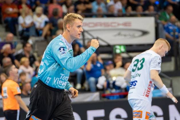 Handball I Herren I Saison 2025-2026 I Bundesliga I 5. Spieltag I TVB Stuttgart - Frisch Auf! Göppingen I 18.09.2025 Kristian Saeveras (12, Frisch Auf Göppingen) jubelt Stuttgart Porsche Arena Baden-Württemberg Deutschland Copyright: xLobeca MaxxPetershansx