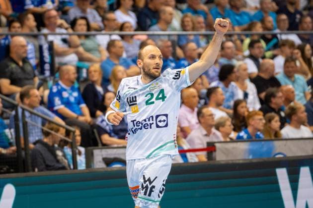 Handball I Herren I Saison 2025-2026 I Bundesliga I 5. Spieltag I TVB Stuttgart - Frisch Auf! Göppingen I 18.09.2025 Marcel Schiller (24, Frisch Auf Göppingen) jubelt Stuttgart Porsche Arena Baden-Württemberg Deutschland Copyright: xLobeca MaxxPetershansx