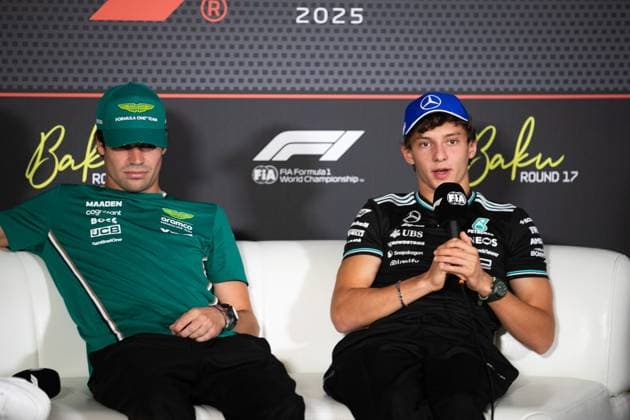 Formel 1 GP Baku Azerbaijan. Donnerstag 18.09.2025 Lance Stroll 18, Aston Martin Aramco F1 Team und Andrea Kimi Antonelli 12, Mercedes-AMG Petronas F1 Team in der Pressekonferenz; Formel 1 GP Baku Azerbaijan. Donnerstag 18.09.2025 Copyright: xBEAUTIFULxSPORTS Erlhofx