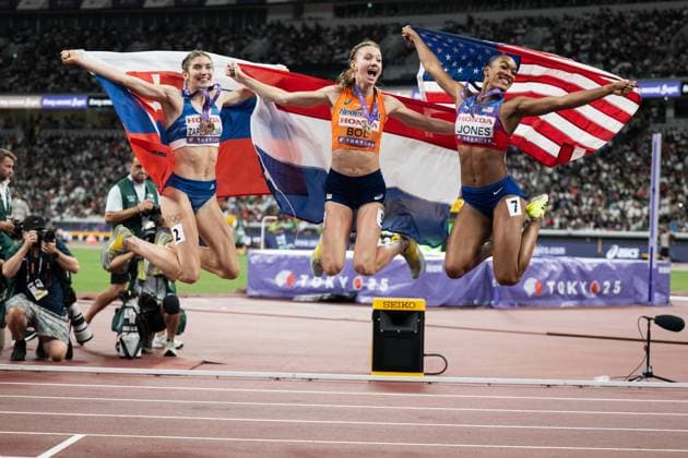 Femke Bol of the Netherlands celebeates winning during the Women s 400m Hurdles Final during World Athletics Championships Tokyo 2025 of the Day 7 at Japan National Stadium on September 19, 2025 in Tokyo, Japan. (Photo by Andy Astfalck Marcel ter Bals DeFodi Images) Femke Bol of the Netherlands celebeates winning during the Women s 400m Hurdles Final during World Athletics Championships Tokyo 2025 of the Day 7 at Japan National Stadium on September 19, 2025 in Tokyo, Japan Photo by Andy Astfalck Marcel ter Bals DeFodi Images