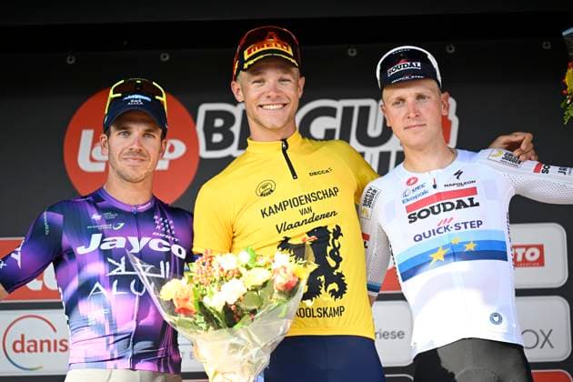 Kampioenschap van Vlaanderen 2025 Cycling Race KOOLSKAMP, BELGIUM - SEPTEMBER 19 : Groenewegen Dylan (NED) of Team Jayco AlUla, Milan Jonathan (ITA) of Lidl - Trek and Merlier Tim (BEL) of Soudal Quick-Step pictured during the podium ceremony of the 109th edition of Kampioenschap van Vlaanderen an UCI Class 1.1 one day cycling road race for Men Elite of 180 km with start in Koolskamp and finish in Koolskamp on September 19, 2025 in Koolskamp, Belgium, 19 09 2025 Koolskamp Belgium  Copyright: xNicoxVereeckenx