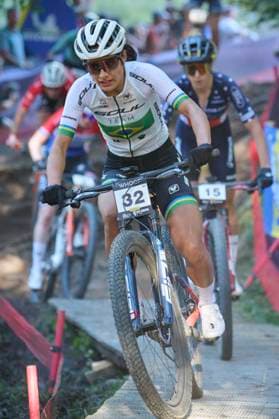 2025 WHOOP UCI Mountain Bike World Series XCC World Cup Women Elite, Lenzerheide, Schweiz Lenzerheide, Schweiz. 19. September 2025. Karen Fernandes Olimpio während des Cross Country Short Track der Damen Elite an den WHOOP UCI Mountain Bike World Series 2025 in Lenzerheide.