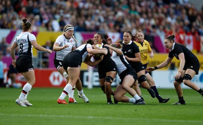 Liana Mikaele-Tu u of New Zealand is tackled. New Zealand Black Ferns v Canada, Women’s Rugby World Cup Semi Final match at Ashton Gate Stadium, Bristol, England on Friday 19 September 2025. Photo credit: Matthew Impey Bristol United Kingdom Copyright: xx