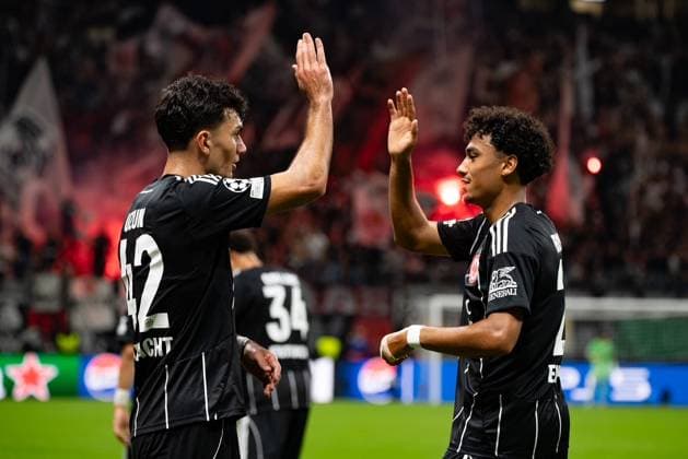 Can Yilmaz Uzun (Eintracht Frankfurt) and Nathaniel Brown (Eintracht Frankfurt) celebrate the Goal during the UEFA Champions League 2025 26 League Phase MD1 match between Eintracht Frankfurt and Galatasaray at Deutsche Bank Park in Frankfurt, Germany on September 18, 2025 UEFA Champions League, League Phase MD1 - Eintracht Frankfurt vs Galatasaray (Photo by Joaquim Ferreira) *** Can Yilmaz Uzun Eintracht Frankfurt and Nathaniel Brown Eintracht Frankfurt celebrate the Goal during the UEFA Champions League 2025 26 League Phase MD1 match between Eintracht Frankfurt and Galatasaray at Deutsche Bank Park in Frankfurt, Germany on September 18, 2025 UEFA Champions League, League Phase MD1 Eintracht Frankfurt vs Galatasaray Photo by Joaquim Ferreira Copyright: JoaquimxFerreira