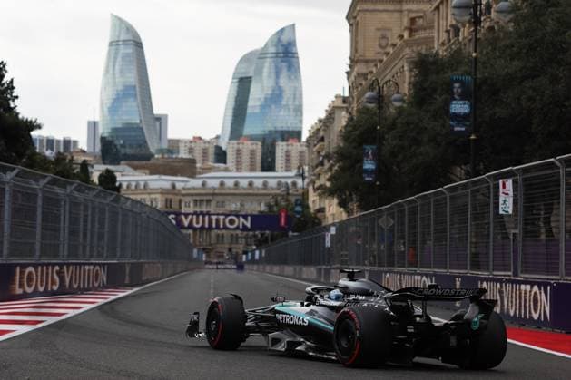 F1 Grand Prix Of Azerbaijan 2025 Practice 3 George Russell of Mercedes during the third practice ahead of the Formula 1 Grand Prix of Azerbaijan at Baku City Circuit in Baku, Azerbaijan on September 20, 2025. Baku Azerbaijan  Copyright: xJakubxPorzyckix originalFilename:porzycki-f1grandp250920_np7AV.jpg