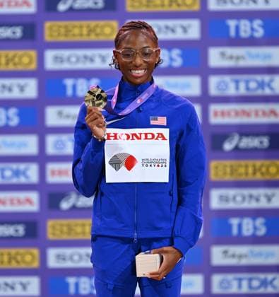 World Athletics Championships Tokyo 2025, Day 8 TOKYO, JAPAN - SEPTEMBER 20: Gold medalist Melissa Jefferson-Wooden of Team United States attends on the podium during the Women s 200 Metres medal ceremony on day eight of the World Athletics Championships Tokyo 2025 at National Stadium in Tokyo, Japan on September 20, 2025. Mustafa Yalcin Anadolu Tokyo Japan. Editorial use only. Please get in touch for any other usage.  Copyright: x2025xAnadoluxMustafaxYalcinx