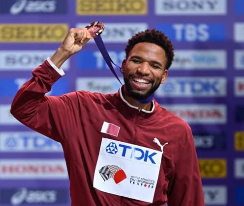 World Athletics Championships Tokyo 2025, Day 8 TOKYO, JAPAN - SEPTEMBER 20: Bronze medalist Abderrahman Samba of Team Qatar attends on the podium during the Men s 400 Metres Hurdles medal ceremony on day eight of the World Athletics Championships Tokyo 2025 at National Stadium in Tokyo, Japan on September 20, 2025. Mustafa Yalcin Anadolu Tokyo Japan. Editorial use only. Please get in touch for any other usage.  Copyright: x2025xAnadoluxMustafaxYalcinx