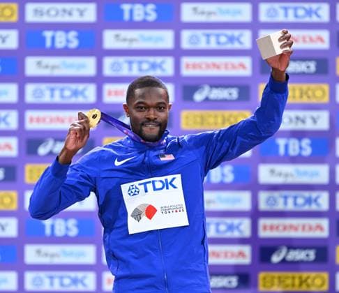 World Athletics Championships Tokyo 2025, Day 8 TOKYO, JAPAN - SEPTEMBER 20: Gold medalist Rai Benjamin of Team United States attends on the podium during the Men s 400 Metres Hurdles medal ceremony on day eight of the World Athletics Championships Tokyo 2025 at National Stadium in Tokyo, Japan on September 20, 2025. Mustafa Yalcin Anadolu Tokyo Japan. Editorial use only. Please get in touch for any other usage.  Copyright: x2025xAnadoluxMustafaxYalcinx