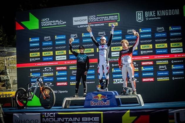 Whoop UCI Mountainbikeworldcup Downhill Lenzerheide Podium Junior Men PIERRON Amaury COMMENCAL MUC-OFF BY RIDING ADDICTIONat Whoop UCI Mountainbikeworldcup Downhill Lenzerheide, 20.09.2025,in Lenzerheide,SUI Foto: Sebastian Sternemannat Whoop UCI Mountainbikeworldcup Downhill Lenzerheide, 20.09.2025,in Lenzerheide,SUI Foto: Sebastian Sternemann
