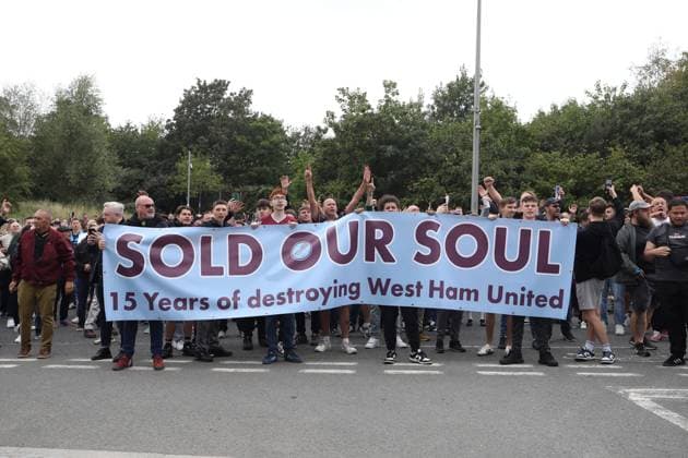 20th September 2025; London Stadium, London, England; Premier League Football, West Ham United versus Crystal Palace; West Ham fans protest against joint-chair David Sullivan, vice-chair Karren Brady, and the rest of the Board.  KatiexChan Content restricted for UK based newspaper