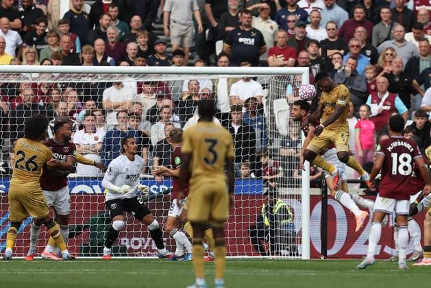 20th September 2025; London Stadium, London, England; Premier League Football, West Ham United versus Crystal Palace; Marc Guehi of Crystal Palace heads from an incoming corner kick which is saved by goalkeeper Alphonse Areola of West Ham United, the rebound from which is scored by Jean-Philippe Mateta of Crystal Palace for 0-1 in the 37th minute  KatiexChan