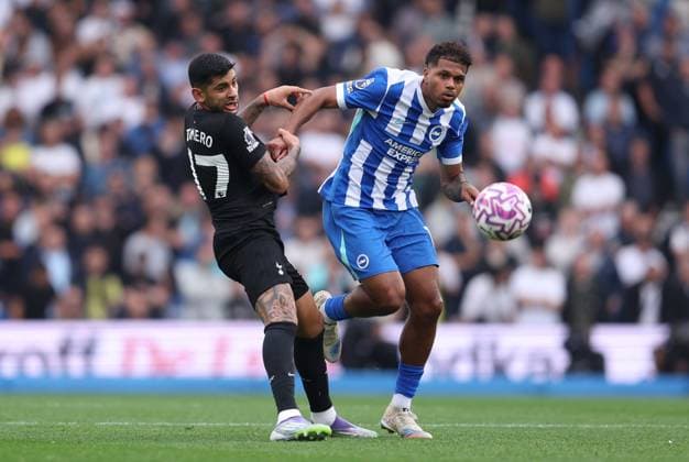 Brighton and Hove, England, 20th September 2025. Cristian Romero of Tottenham Hotspur and Georginio Rutter of Brighton and Hove Albion challenge for the ball during the Brighton and Hove Albion vs Tottenham Hotspur Premier League match at the AMEX Stadium, Brighton and Hove. Picture credit should read: Paul Terry Sportimage EDITORIAL USE ONLY. No use with unauthorised audio, video, data, fixture lists, club league logos or live services. Online in-match use limited to 120 images, no video emulation. No use in betting, games or single club league player publications. SPI_015_PT_Brighton_Tottenham SPI-4150-0015