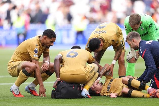 Yeremy Pino (CP) in agony on the ground at the West Ham United v Crystal Palace EPL match, at the London Stadium, London, UK on 20th September, 2025. 