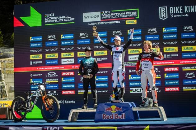 Whoop UCI Mountainbikeworldcup Downhill Lenzerheide WAITE Tyler VERMETTE Asa CLARK Oli at Whoop UCI Mountainbikeworldcup Downhill Lenzerheide, 20.09.2025,in Lenzerheide,SUI Foto: Sebastian Sternemann