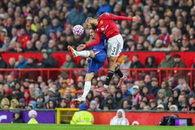 Manchester United, ManU FC v Chelsea FC, Premier League Chelsea defender Marc Cucurella (3) and Manchester United defender Noussair Mazraoui (3) aerial battle during the Manchester United FC v Chelsea FC English Premier League match at Old Trafford, Manchester, England, United Kingdom on 20 September 2025 Credit: Phil Duncan Every Second Media Editorial use only. All images are copyright Every Second Media Limited. No images may be reproduced without prior permission. All rights reserved. Premier League and Football League images are subject to licensing agreements with Football DataCo Limited. see https: www.football-dataco.com Copyright: xIMAGO EveryxSecondxMediax ESM-1592-0081 PhilxDuncanx xEveryxSecondxMediax