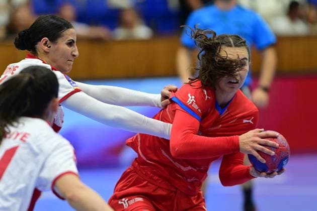 Woman handball tournament O stit mesta Chebu Czech Republic vs Turkey in Cheb, Czech Republic, September 20, 2025. From left Nuceren A. Goktepe, Edanur Cetin, borh of Turkey, Veronika Holeckova of Czech Republic. (CTKxPhoto SlavomirxKubes) CTKPhotoP2025092006449  CTKPhotoP2025092006449