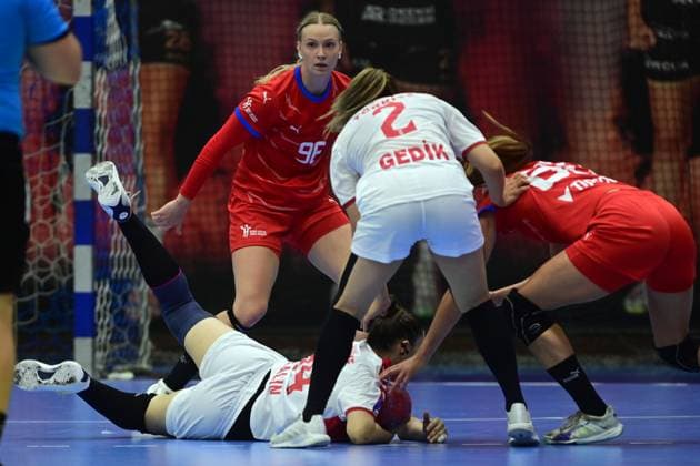 Woman handball tournament O stit mesta Chebu Czech Republic vs Turkey in Cheb, Czech Republic, September 20, 2025. From left Czech Charlotte Cholevova, Beyza Gedik, Cansu Akalin, both of Turkey and Czech Anna Kubalkova. (CTKxPhoto SlavomirxKubes) CTKPhotoP2025092006544  CTKPhotoP2025092006544