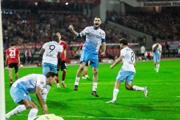 Fussball, Saison 2025 2026, 2. Bundesliga, Max Morlock Stadion, 6. Spieltag, 1. FC Nürnberg - VfL Bochum, 20.09.2025 20.09.2025, Fussball, Saison 2025 2026, 2. Bundesliga, Max Morlock Stadion, 6. Spieltag, 1. FC Nürnberg - VfL Bochum, Torjubel Jubel Freude nach Treffer Tor Torschuss zum 1:1 durch 9 Ibrahim Sissoko (VfL Bochum). 19 Matu Bero (VfL Bochum) Foto: Lucca Fundel Nürnberg Max Morlock Stadion Bayern Deutschland