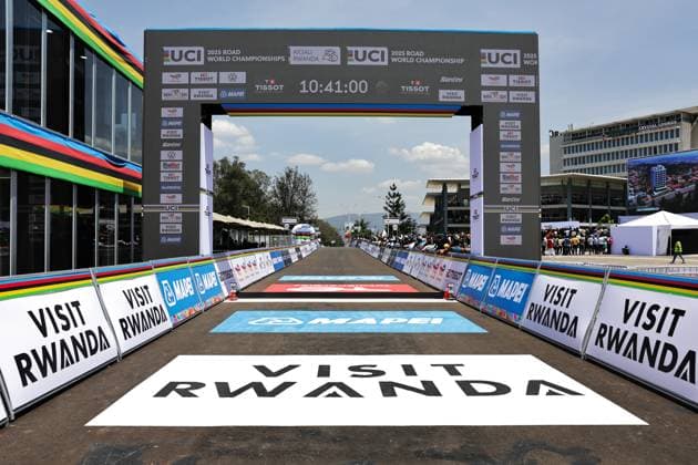 2025 UCI Road World Championships Picture by Alex Whitehead SWpix.com - 21 09 2025 - Cycling - 2025 UCI Road World Championships - BK Arena to Kigali Convention Centre, Kigali, Rwanda - Women Elite Individual Time Trial (ITT) - Finish gantry branding Copyright: x xSWpix.comx(t axPhotographyxHubxLtd)xAlexxWhitehead SWpix.comx SWP-3030-4864
