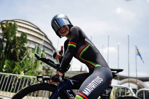 2025 UCI Road World Championships Picture by Alex Whitehead SWpix.com - 21 09 2025 - Cycling - 2025 UCI Road World Championships - BK Arena to Kigali Convention Centre, Kigali, Rwanda - Women Elite Individual Time Trial (ITT) - Lucie de Marignylagesse (Mauritius) after the finish Copyright: x xSWpix.comx(t axPhotographyxHubxLtd)xAlexxWhitehead SWpix.comx SWP-3030-4991