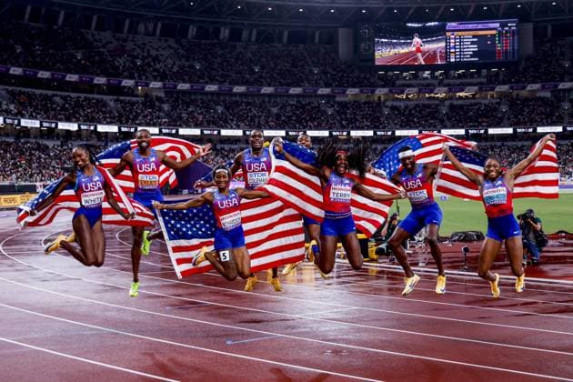 Melissa Jefferson-Wooden and Twanisha Terry and Kayla White andSha Carri Richardson and Christian Coleman and Kenneth Bednarek and Courtney Lindsey and Noah Lyles of United States of America celebrate winning the relay after Men s 4x100 Metres Relay Final, , Day 9 - World Athletics Championships Tokyo 2025, Japan National Stadium, September 21, 2025, Tokyo, Japan.
