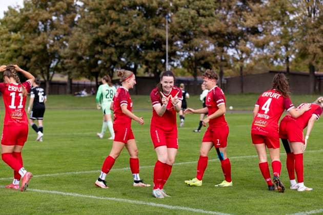 Regionalliga Nordost Frauen: 1. FFV Erfurt vs. 1. FC Union Berlin II; 21.09.2025 Jubel, Lea Schrenk ( 19; 1. FFV Erfurt) Regionalliga Nordost Frauen: 1. FFV Erfurt vs. 1. FC Union Berlin II; Sportforum Johannesplatz Erfurt; 21.09.2025 Copyright: xBEAUTIFULxSPORTS Duehringx