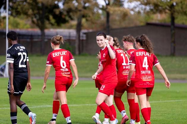 Regionalliga Nordost Frauen: 1. FFV Erfurt vs. 1. FC Union Berlin II; 21.09.2025 Jubel, Lea Schrenk ( 19; 1. FFV Erfurt) Regionalliga Nordost Frauen: 1. FFV Erfurt vs. 1. FC Union Berlin II; Sportforum Johannesplatz Erfurt; 21.09.2025 Copyright: xBEAUTIFULxSPORTS Duehringx