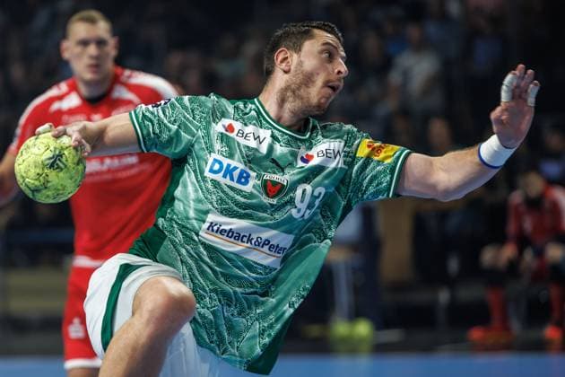 Berlin, 21.09.2025, Handball: Bundesliga, Fuechse Berlin - MT Melsungen, 5. Spieltag, Max-Schmeling-Halle. Mijajlo Marsenic (Fuechse Berlin) wirft den Ball auf das Tor. Fuechse Berlin - MT Melsungen