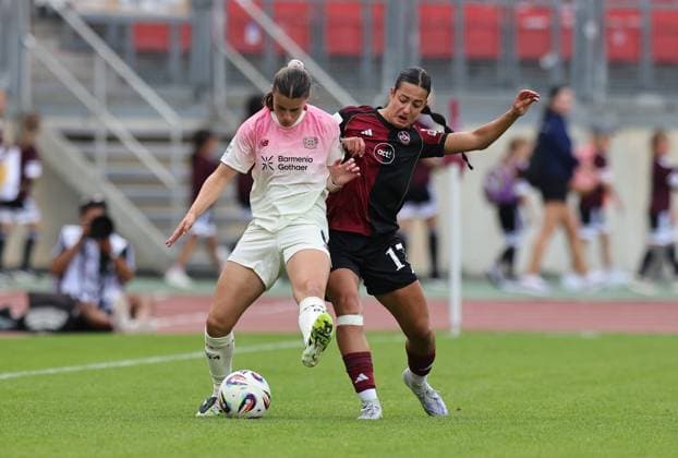 21.09.2025 - Fussball - Saison 2025 2026 - 1. Google Pixel Frauen Bundesliga - 03. Spieltag: 1. FC Nürnberg FCN ( Club Clubfrauen ) - Bayer 04 Leverkusen - Sportfoto Zink DaMa - xdaxma - Katharina Piljic (6, Bayer 04 Leverkusen ) Selma Licina (17, 1. FC Nürnberg FCN )