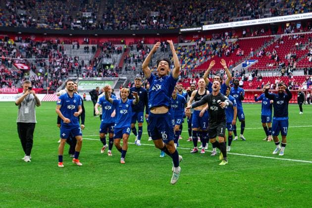 DUSSELDORF, GERMANY - 21 SEPTEMBER, 2025: Hiroki Akiyama, Players celebrations - Football match Bundesliga 2 Fortuna Düsseldorf - SV Darmstadt 98 at Merkur Spiel Arena.  Copyright: xVITALIIxKLIUIEVx