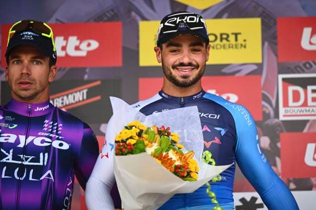 Gooikse Pijl 2025 Cycling Race GOOIK, BELGIUM - SEPTEMBER 21 : Groenewegen Dylan of Team Jayco AlUla and Kogut Oded of Israel - Premier Tech pictured during the podium ceremony of the 22th edition of Gooikse Pijl an UCI Class 1.1 one day cycling road race for Men Elite of 195.8 km with start in Roosdaal and finish in Gooik on September 21, 2025 in Gooik, Belgium, 21 09 2025 ( Motordriver Rodrique Verfaillie - Gooik Belgium  Copyright: xGvgx