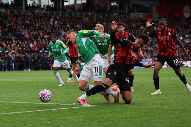 Football - 2025 2026 Premier League - AFC Bournemouth vs Newcastle United - Vitality Stadium - Sunday 21st September 2025 James Hill of Bournemouth tackles Harvey Barnes of Newcastle United during the Premier League match at the Vitality Stadium COLORSPORT Shaun Boggust 