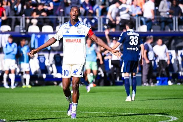 FOOTBALL : Paris FC vs Strasbourg - Ligue 1 - 21 09 2025 Emanuel EMEGHA ( 10 - Strasbourg ) celebrates following the Ligue 1 match between Paris FC and RC Strasbourg Alsace at Stade Jean Bouin on September 21, 2025 in Paris, France. ( Photo by Federico Pestellini PsnewZ ) - ParisFrance  Copyright: xFedericoxPestellinix