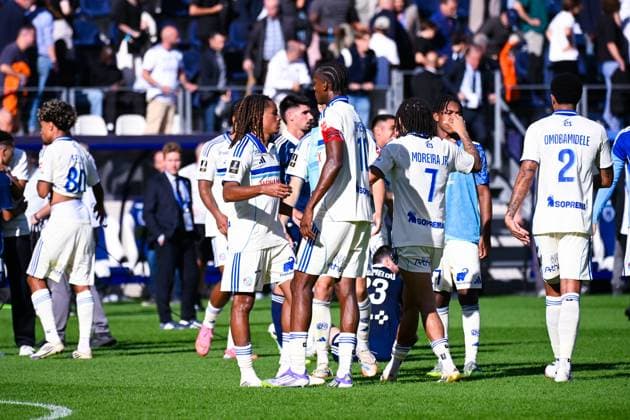 FOOTBALL : Paris FC vs Strasbourg - Ligue 1 - 21 09 2025 Emanuel EMEGHA ( 10 - Strasbourg ) celebrates with Mathis Amougou ( 17 - Strasbourg ) following the Ligue 1 match between Paris FC and RC Strasbourg Alsace at Stade Jean Bouin on September 21, 2025 in Paris, France. ( Photo by Federico Pestellini PsnewZ ) - ParisFrance  Copyright: xFedericoxPestellinix