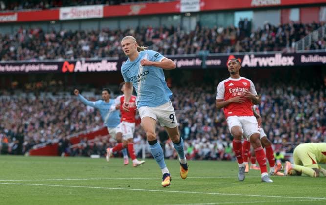 Arsenal v Manchester City 21 September 2025, London - Premier League Football - Arsenal v Manchester City - Erling Haaland of Manchester City celebrates after scoring the opening goal - Photo: Charlotte Wilson Offside. London UK Copyright: xCharlottexWilsonx xOffsidexOffside