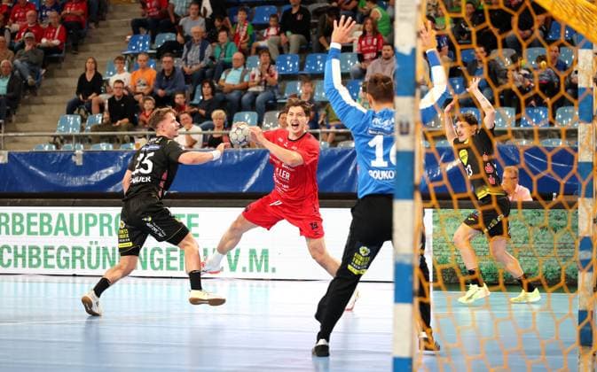 21.09.2025, Deutschland, Bietigheim, Handball 2. Bundesliga, SG BBM Bietigheim vs. HSC 2000 Coburg, v.l. Jakob Knauer (HSC), Fynn-Luca Nicolaus (BBM), Petros Boukovinas (HSC)