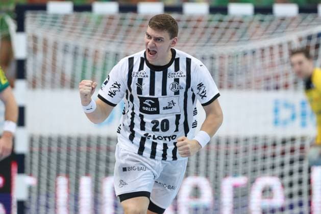 21.09.2025, xtgx, Handball - Daikin HBL, SC DHfK Leipzig - THW Kiel emspor, v.l. Lukas Laube (Kiel, 20) Jubel, Torjubel, jubelt ueber das Tor, celebrate the goal, celebration Leipzig