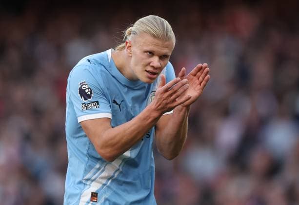 London, England, 21st September 2025. Erling Haaland of Manchester City during the Arsenal vs Manchester City Premier League match at the Emirates Stadium, London. Picture credit should read: David Klein Sportimage EDITORIAL USE ONLY. No use with unauthorised audio, video, data, fixture lists, club league logos or live services. Online in-match use limited to 120 images, no video emulation. No use in betting, games or single club league player publications. SPI_064_DK_Arsenal_Man_City SPI-4152-0062