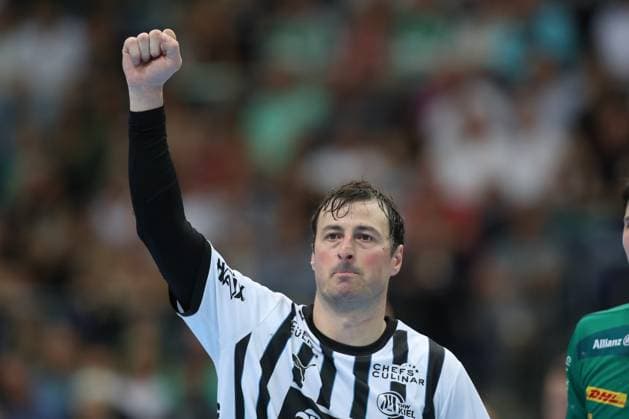 21.09.2025, xtgx, Handball - Daikin HBL, SC DHfK Leipzig - THW Kiel emspor, v.l. Domagoj Duvnjak (Kiel, 4) Jubel, Torjubel, jubelt ueber das Tor, celebrate the goal, celebration Leipzig