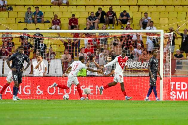 FOOTBALL : MONACO vs METZ - ligue 1 - 21 9 25 Joy of Monaco™s forward 19 George Ilenikhena and Monaco™s midfielder 17 Stanis Idumbo after scores a goal during the French L1 2025-2026 season football match between AS Monaco and FC Metz at Louis II stadium of Monaco, south France, on September 21, 2025. MONACOMonaco  Copyright: xfredxDIDES psnewzx