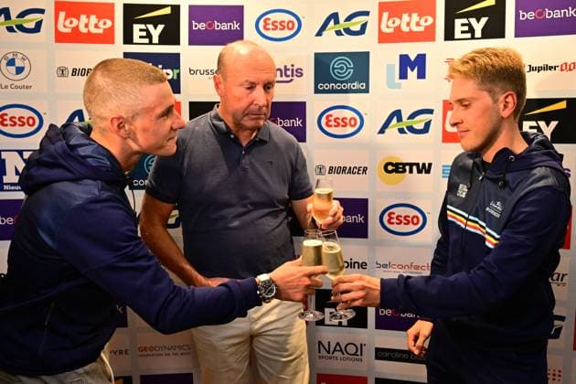 World champion Belgian Remco Evenepoel, Belgian Cycling Federation chairman Tom Van Damme and bronze medalist Belgian Ilan van Wilder celebrate with a glass of champagne at the hotel of Belgian team after the podium of Evenepoel and Van Wilder earlier today at the Men Elite Individual Time Trial race (40,8km) at the cycling road world championships, in Kigali, Rwanda, Sunday 21 September 2025. The 2025 UCI Road World Championships take place from 21 to 28 September in Kigali, Rwanda. DIRKxWAEM  x134936384x