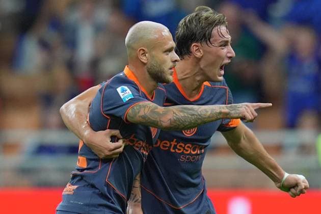 Inter Milan™s Federico Dimarco celebrates after scoring 1-0 during the Serie A soccer match between Inter and Sassuolo at the San Siro Stadium in Milan , north Italy - Sunday , September 21 , 2025. - Soccer .  Copyright: xSpada LaPressex