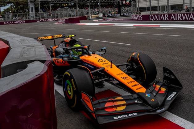 BAKU, AZERBAIJAN: Lando Norris, racing for the McLaren F1 team during the 2025 Formula 1 Azerbaijan Grand Prix at the Baku City Circuit in Baku, Azerbaijan