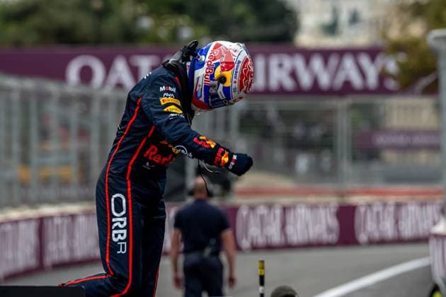 BAKU, AZERBAIJAN: Max Verstappen, racing for the Red Bull Racing team during the 2025 Formula 1 Azerbaijan Grand Prix at the Baku City Circuit in Baku, Azerbaijan