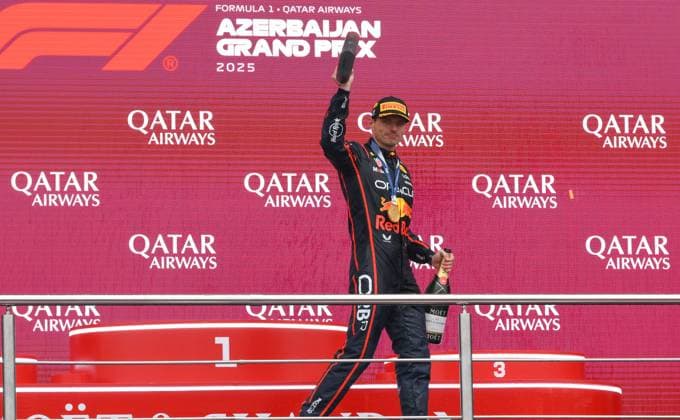 (250922) -- BAKU, Sept. 22, 2025 -- Winner Red Bull Racing s Dutch driver Max Verstappen celebrates during the awarding ceremony after the race of the 2025 Formula One Azerbaijan Grand Prix in Baku, Azerbaijan, Sept. 21, 2025. (Photo by Xinhua) (SP)AZERBAIJAN-BAKU-F1-AZERBAIJAN GRAND PRIX-RACE TofikxBabayev 
