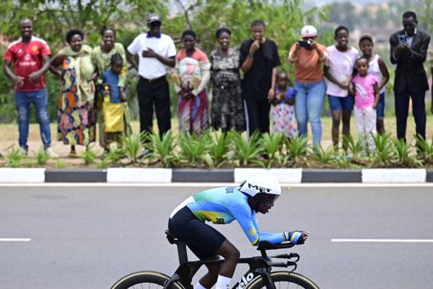 Rwandan Claudette Nyirarukundo pictured in action during the Women U23 Individual Time Trial race (22,6km) at the cycling road world championships, in Kigali, Rwanda, Monday 22 September 2025. The 2025 UCI Road World Championships take place from 21 to 28 September in Kigali, Rwanda. DIRKxWAEM  x134982903x